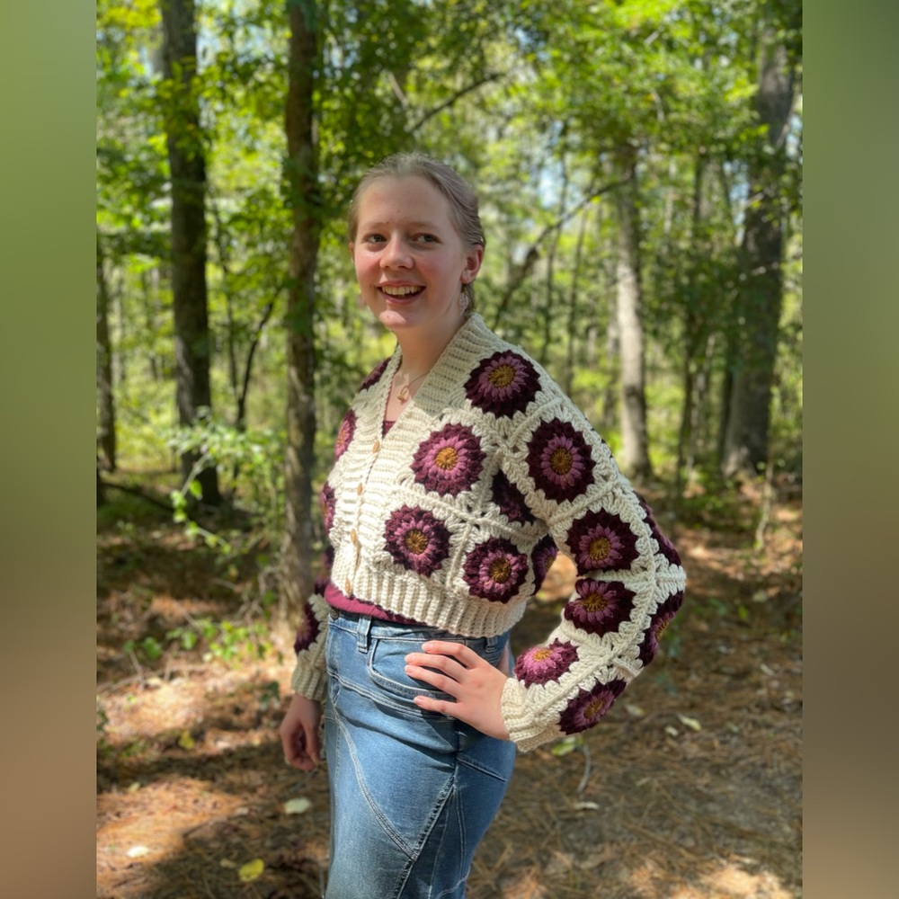Crochet Purple and Cream Sweater